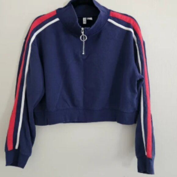 Divided H&M Basic Navy Blue Half-Zip Crop Sweatshirt Red White Stripes Medium - Picture 3 of 6